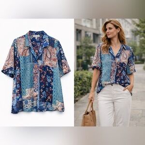 Patchwork Paisley Geometric Satin Button Up Shirt XL Artsy Maximalist